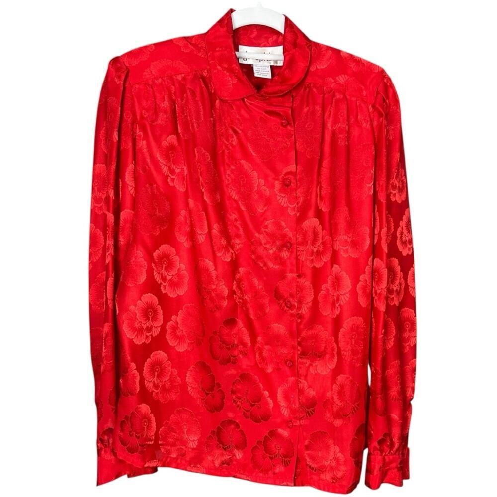 Josephine Red Floral Jacquard Button Down Vintage Blouse Size 8
